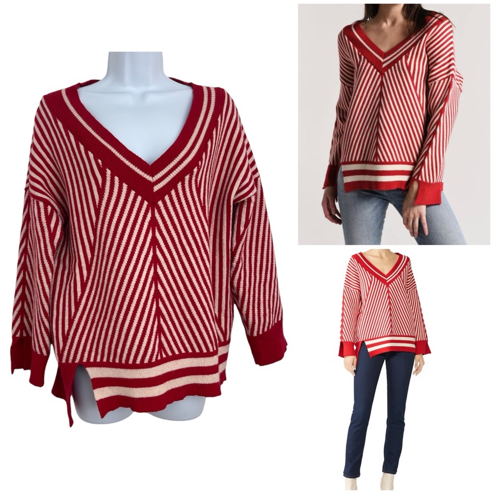 Moon River V Neck Striped Sweater Red White Size S Viscose Blend Womens